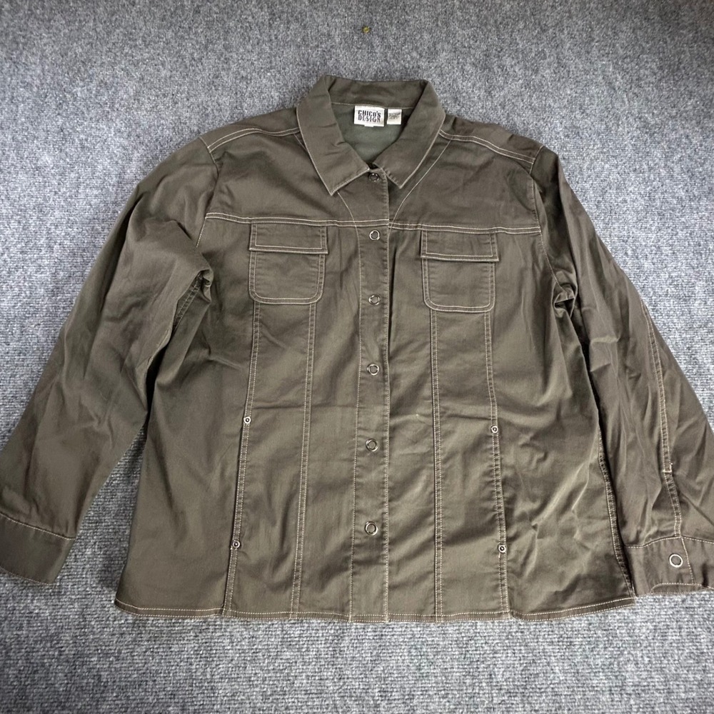 Chicos Design Olive Green Utility Shirt Contrast Stitch Snap Front Size 3 L XL